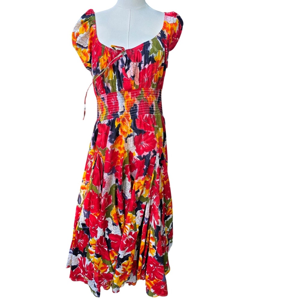 hot of Hollywood Floral Midi Dress Womens 1X Multicolor Excellent Smocked Boho